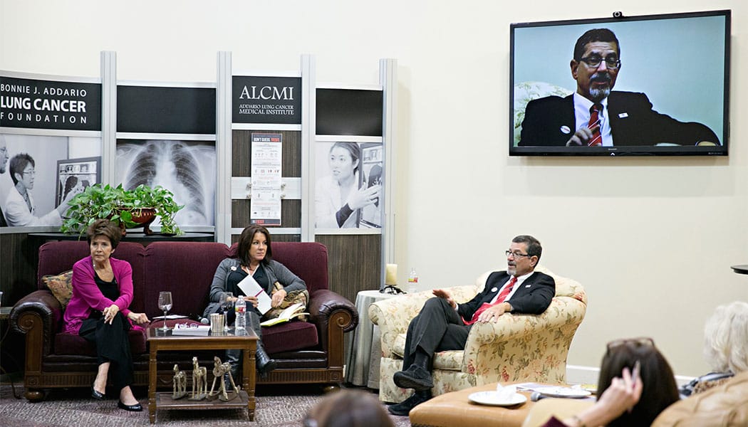 Every month Bonnie hosts the “Lung Cancer Living Room,” a support group that offers discussions with lung cancer specialists and researchers on topics such as early detection, genetic testing and treatment options.